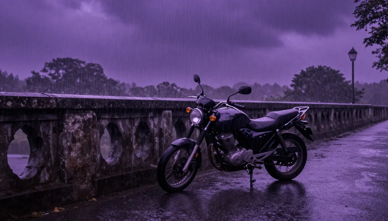 Motorcycle parked alone on a stone bridge during a heavy rainstorm, conveying a tactical pause moment