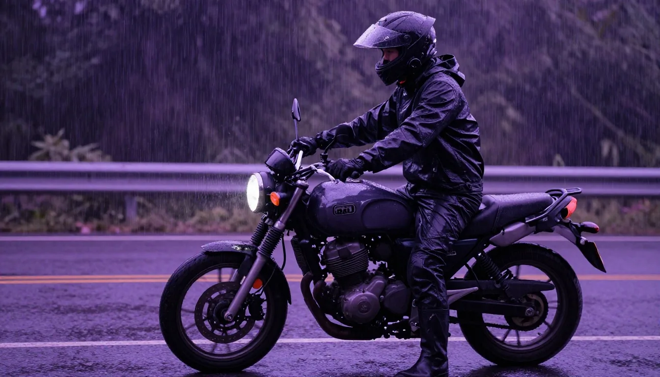 Motorcyclist in full waterproof rain gear sitting on a motorcycle on a wet road at dusk