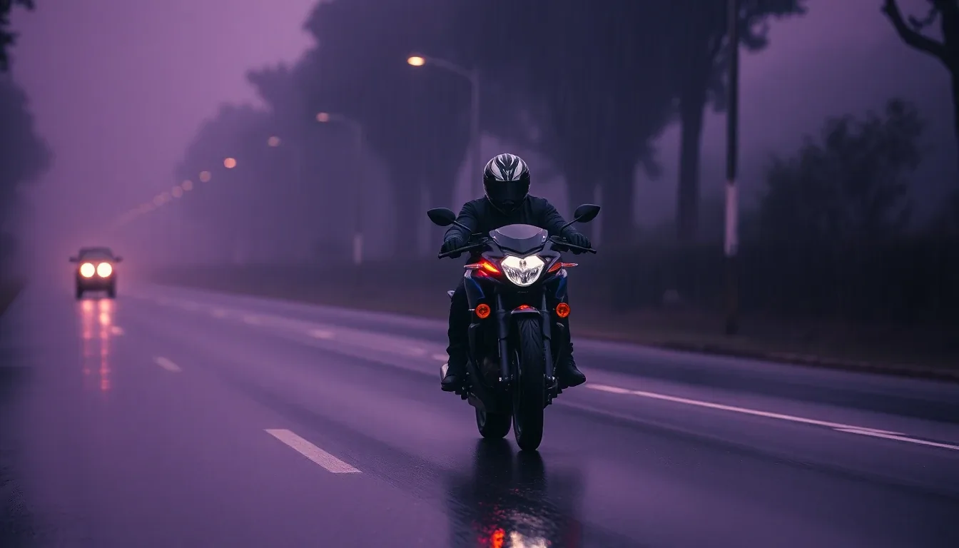 Motorcyclist riding on a wet road at dusk with rain and mist