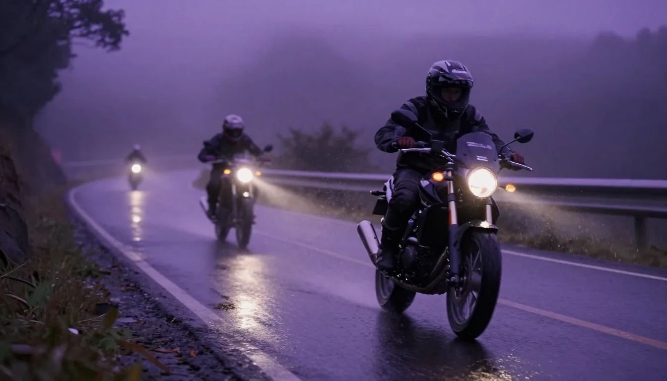 Two motorcyclists riding on a wet curvy road at dusk with mist and headlights reflecting on the wet asphalt
