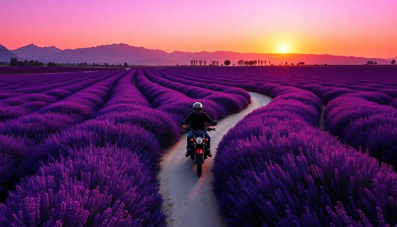 Motorcycle riding through lavender fields in Provence at sunset, symbolic of France's best motorcycle roads