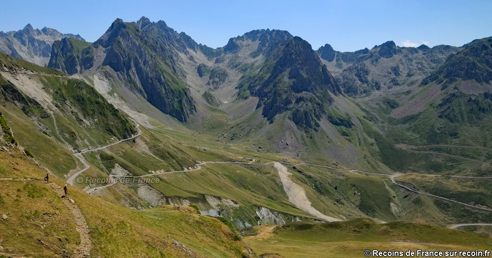 Col du Tourmalet in the French Pyrenees with switchbacks through rugged grassy slopes