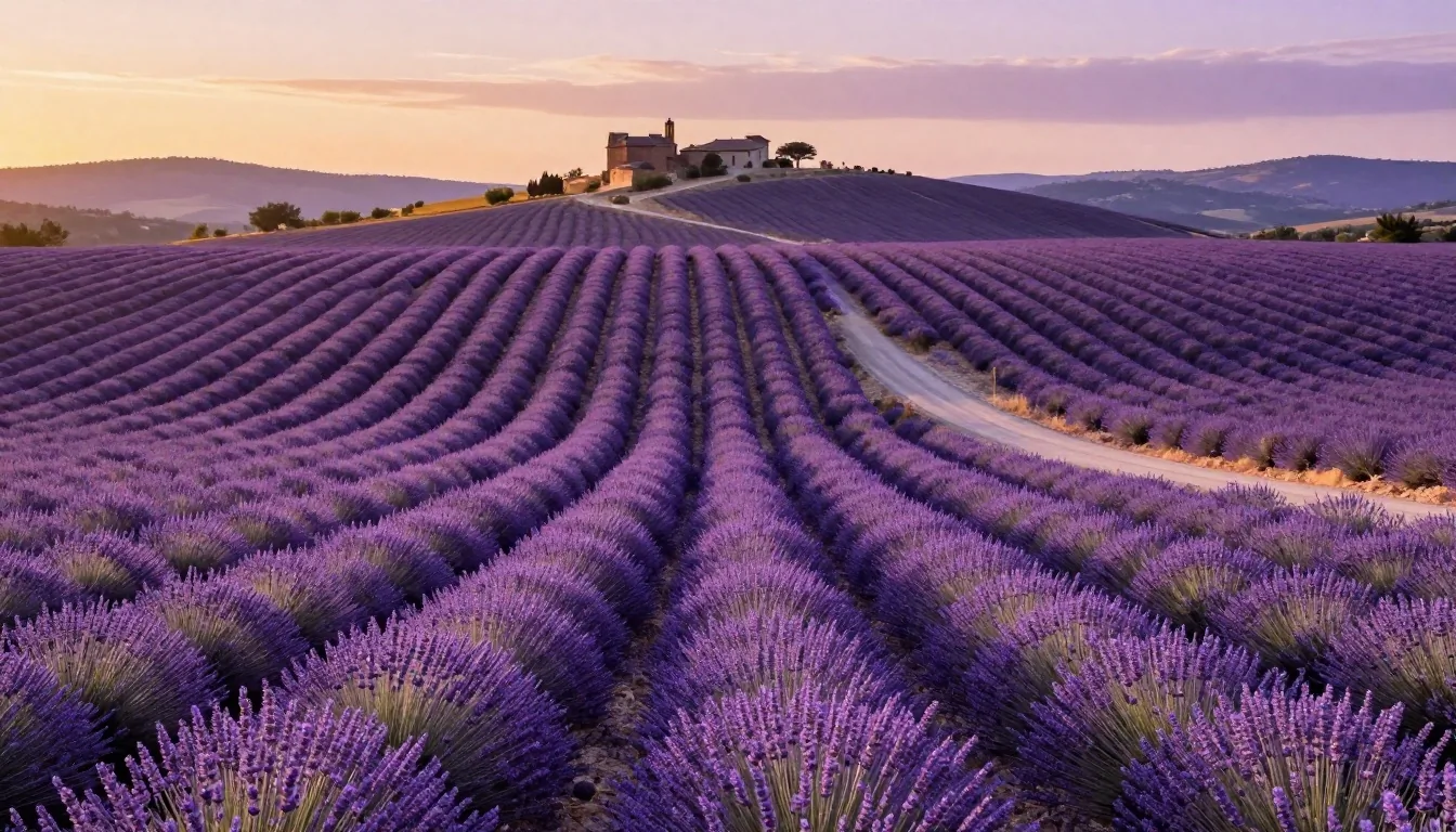 Plateau de Valensole in Provence with endless rows of purple lavender at sunset