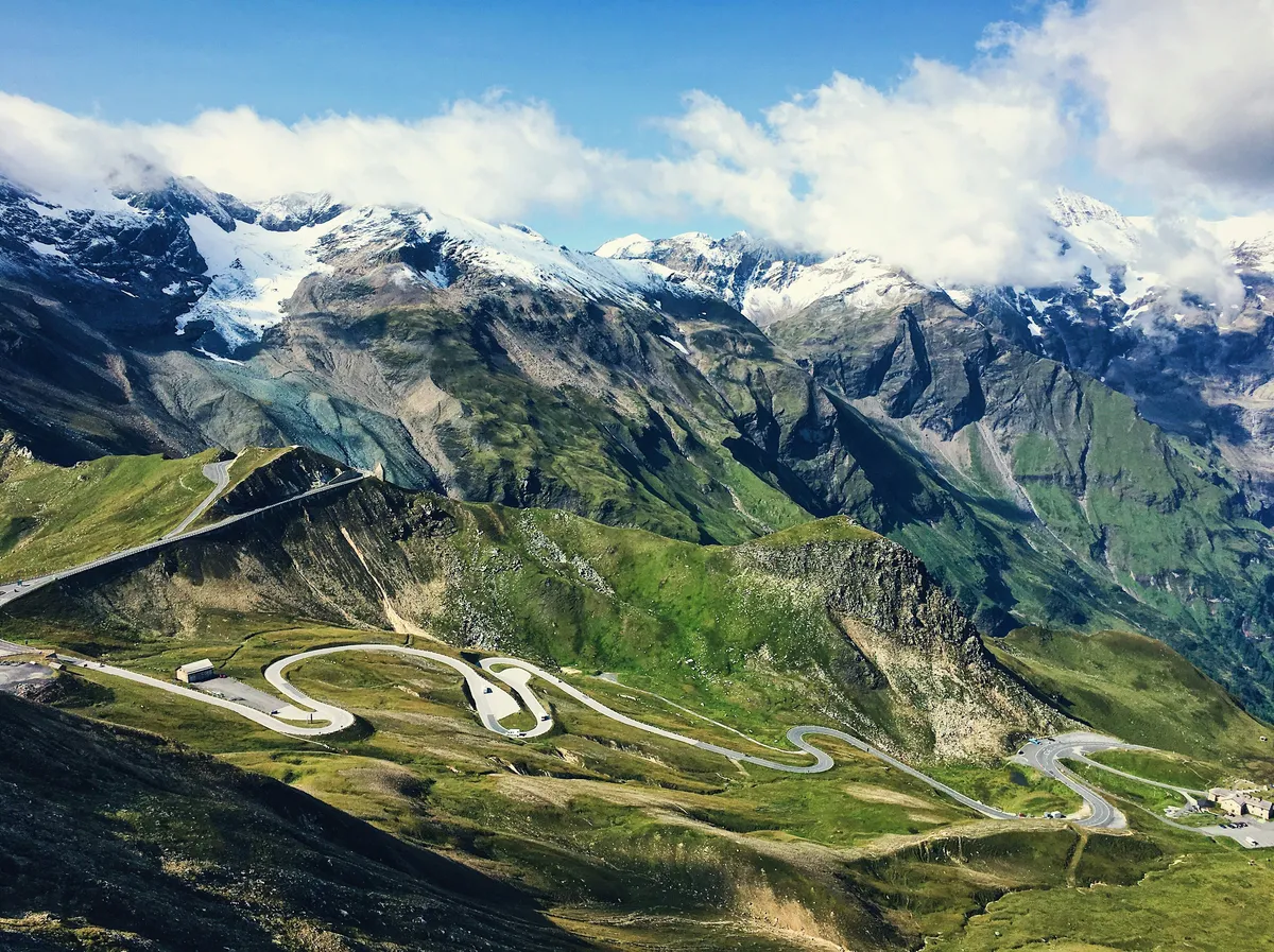 Grossglockner Hochalpenstraße with curves and glacier in the background