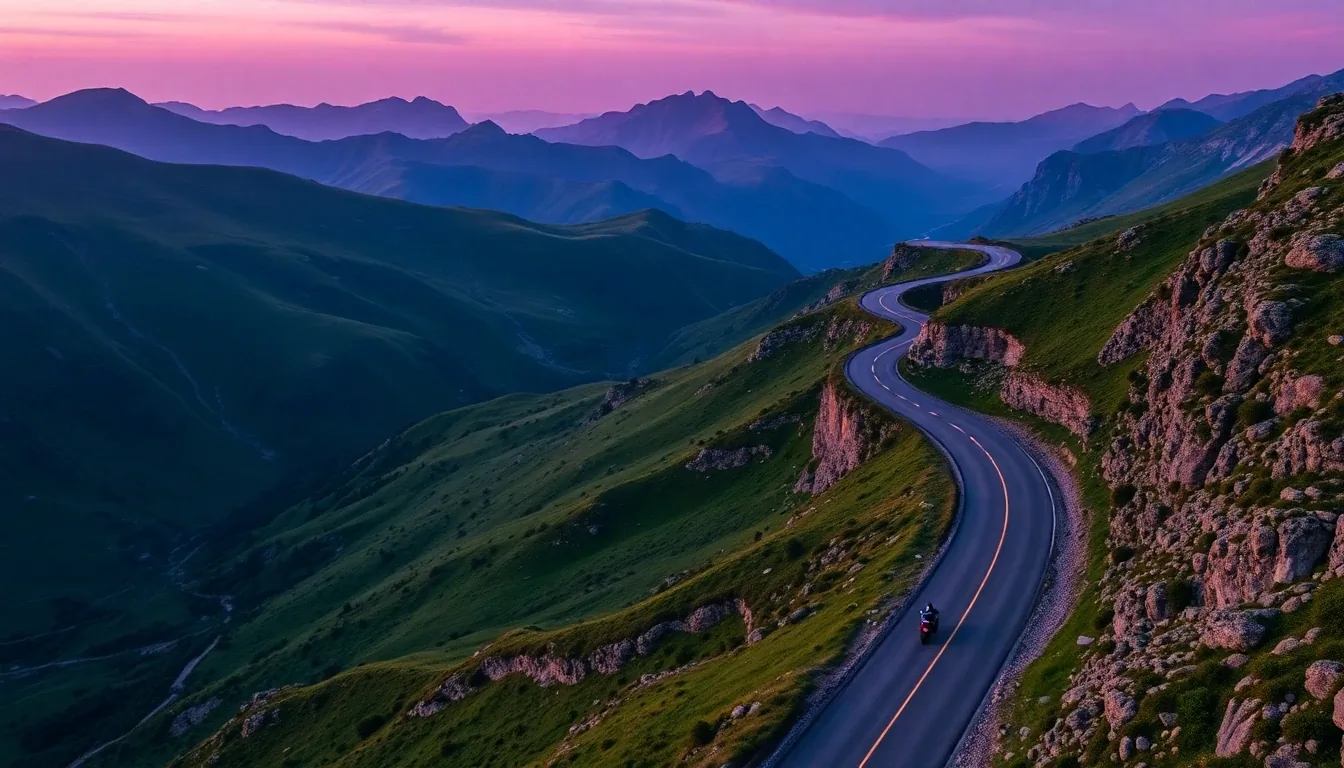 Aerial view of a winding mountain road with a motorcyclist
