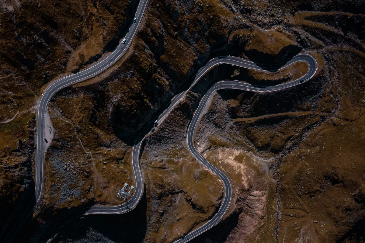 Aerial view of the Transfăgărășan with spectacular switchbacks in the Carpathians