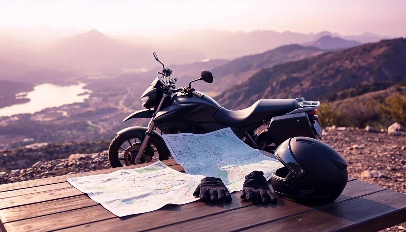 Moto et carte routière sur un point de vue montagneux