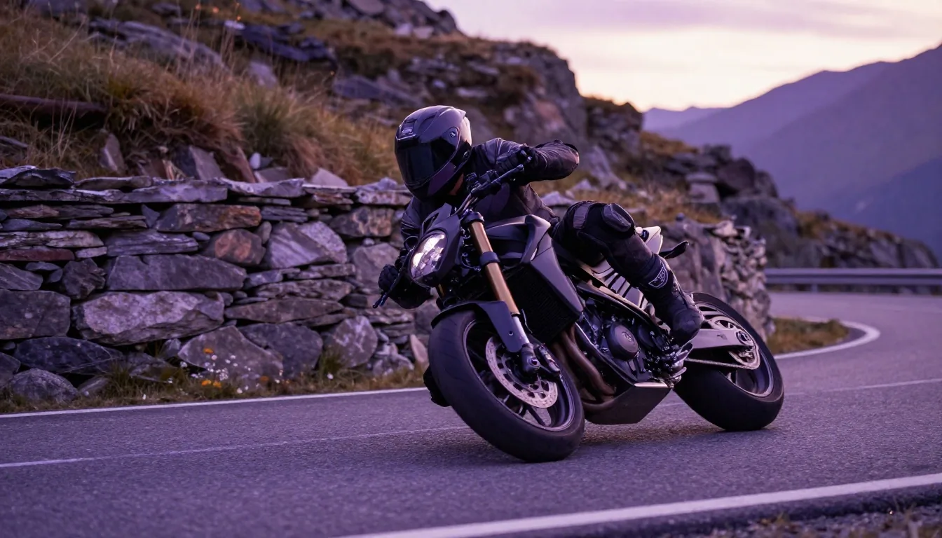 Rider in hang-off position, inside knee out, leaning into an alpine hairpin turn