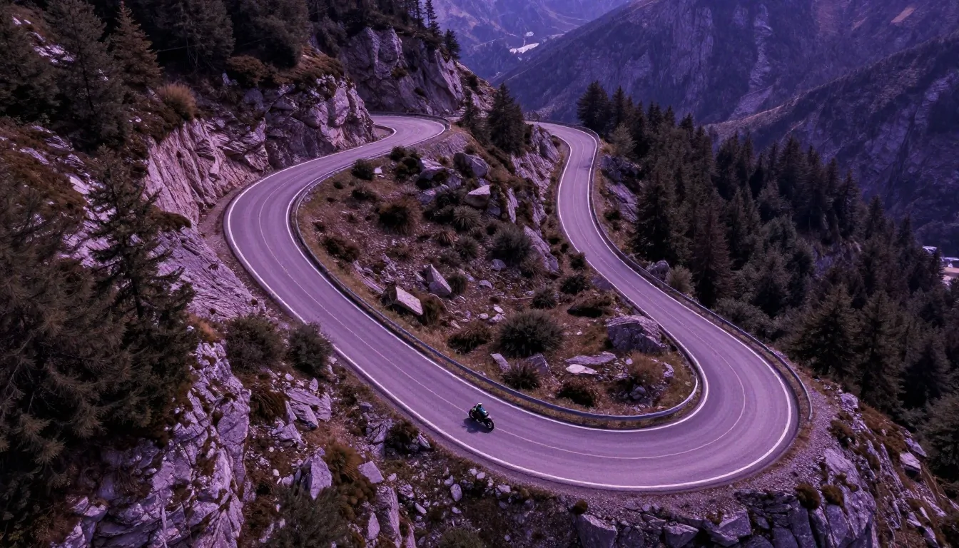 Aerial view of a mountain pass hairpin with outside-inside-outside racing line