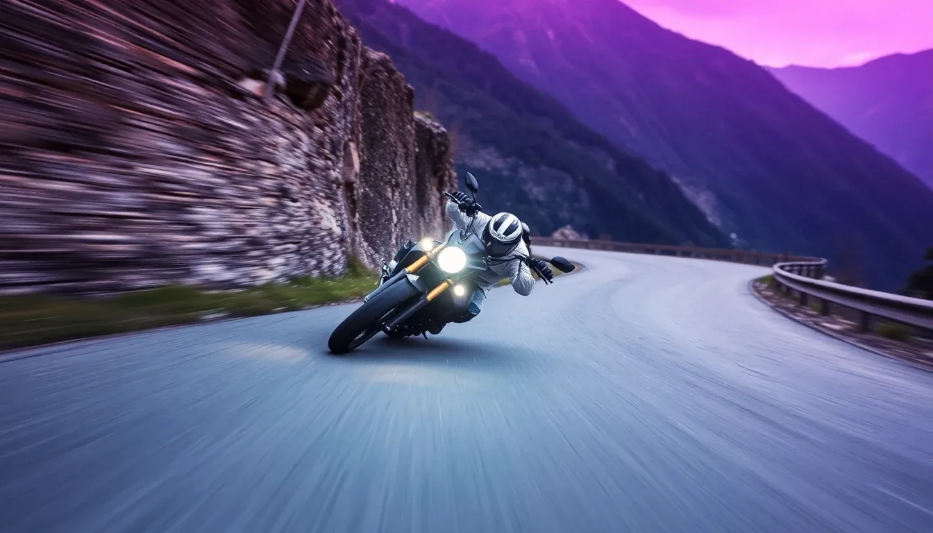 Motorcycle leaning into a hairpin turn on an alpine mountain road
