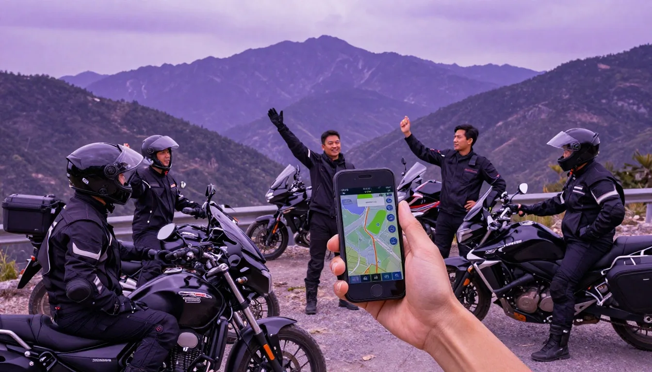 Group of motorcyclists at a mountain pause checking a GPS on a phone before departure
