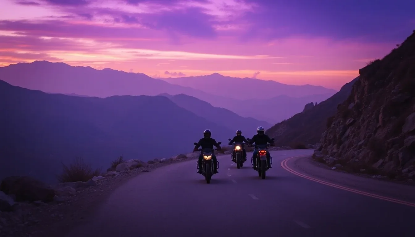 Solo motorcyclist and group of riders on a winding mountain road
