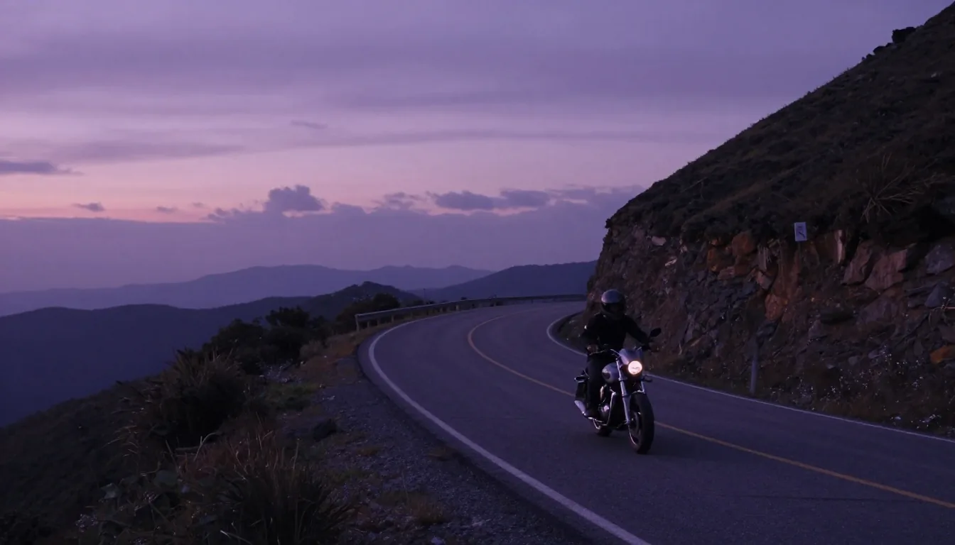 Lone motorcyclist on a winding mountain road at dusk, conveying freedom and solitude