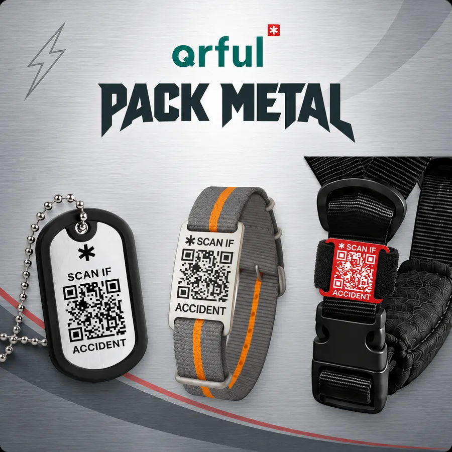Μεταλλικό πακέτο QRful: dog tag, βραχιόλι και ταμπελάκι ιμάντα