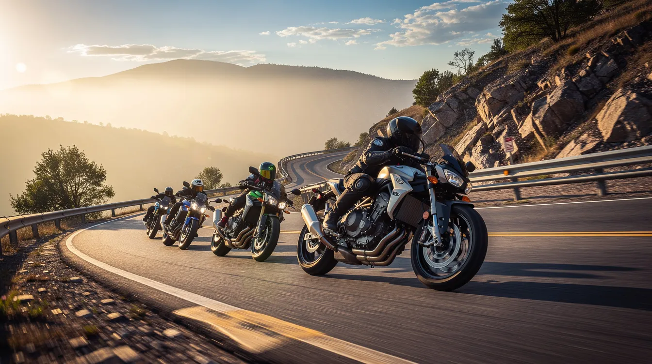 Group of motorcyclists riding in formation through a mountain corner at sunset