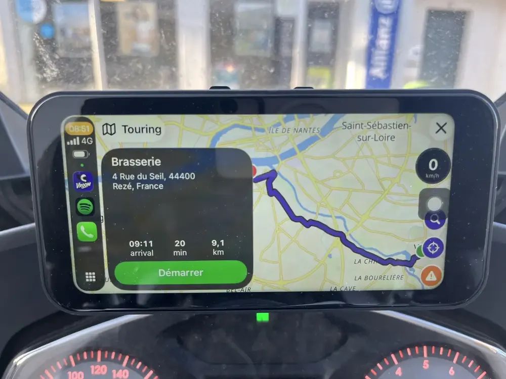 Road trip stage shown on a CarPlay screen on a motorcycle