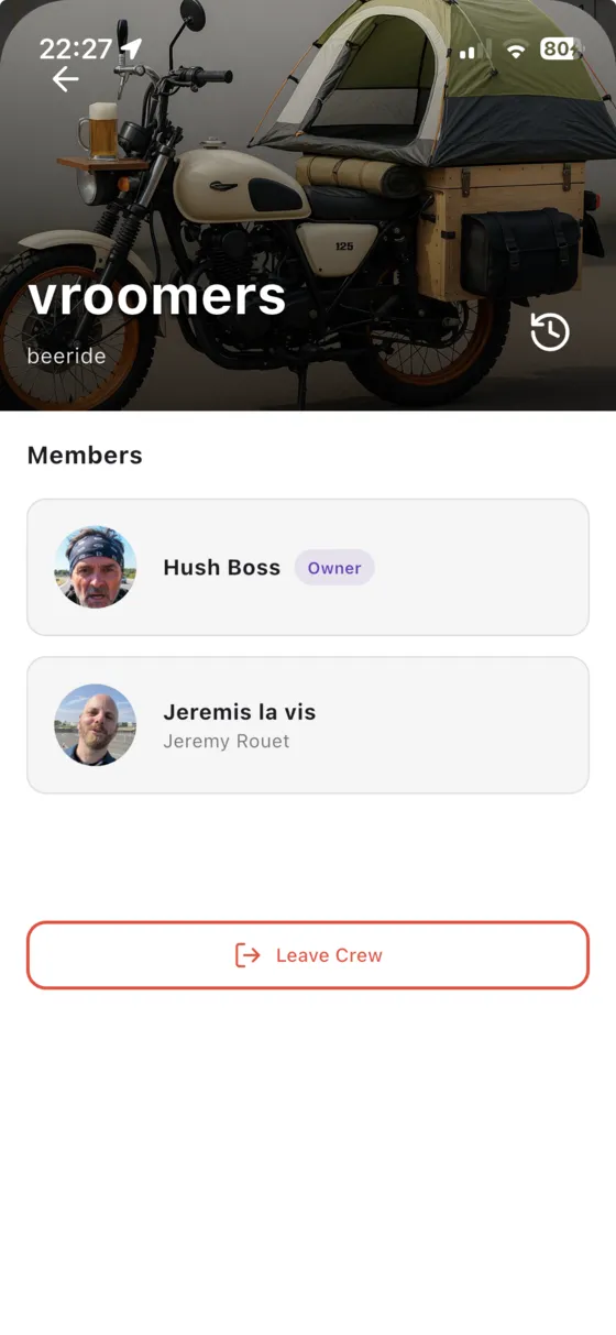 Vroom GPS crew screen with the group members