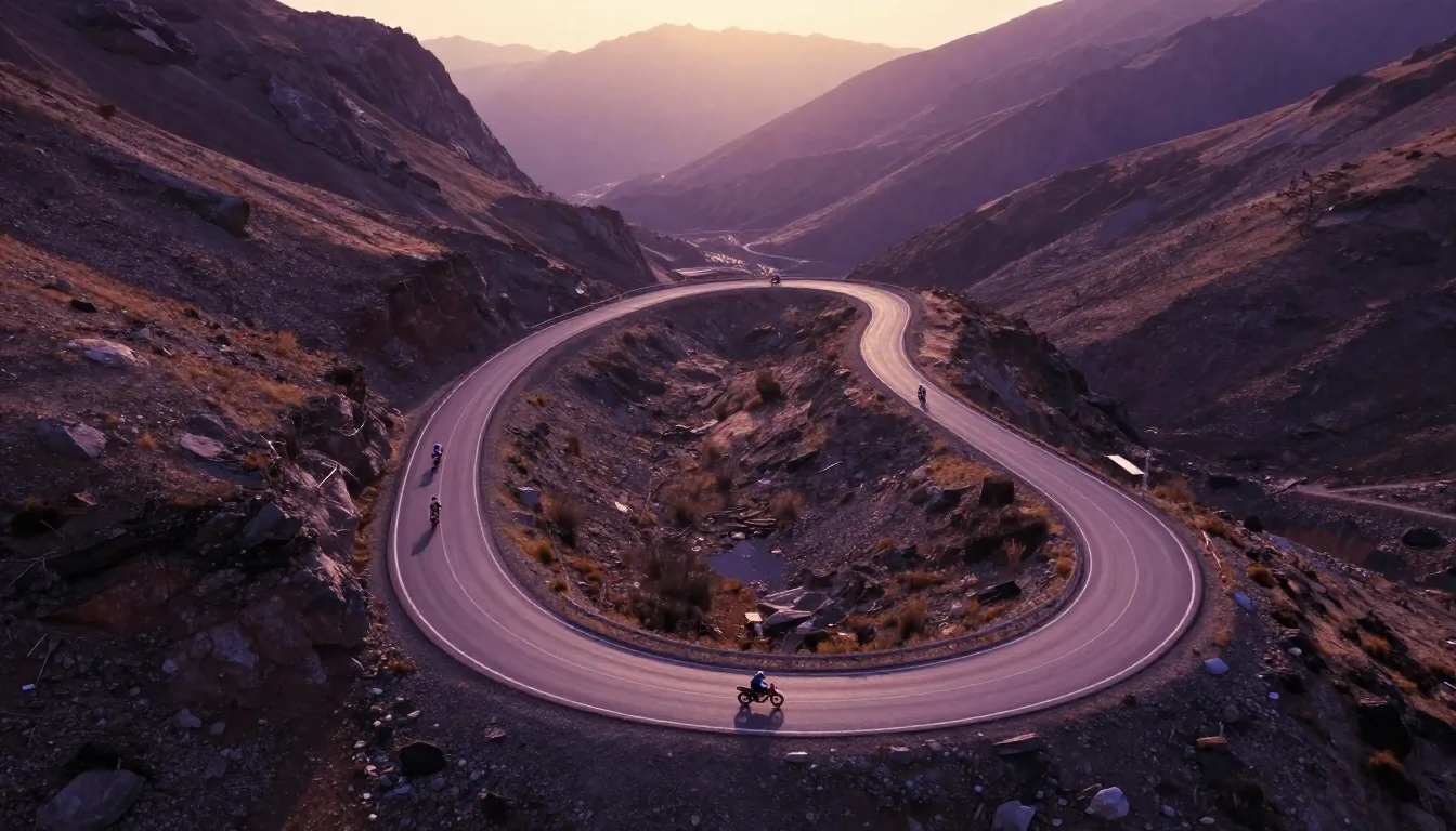 Group of motorcycle riders on a winding mountain road with Vroom GPS motorcycle navigation