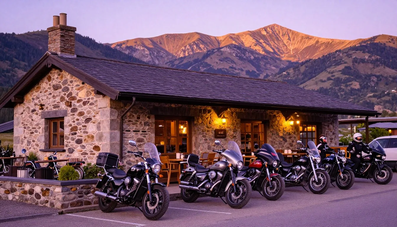 Motorcycles parked in front of a countryside biker inn at sunset