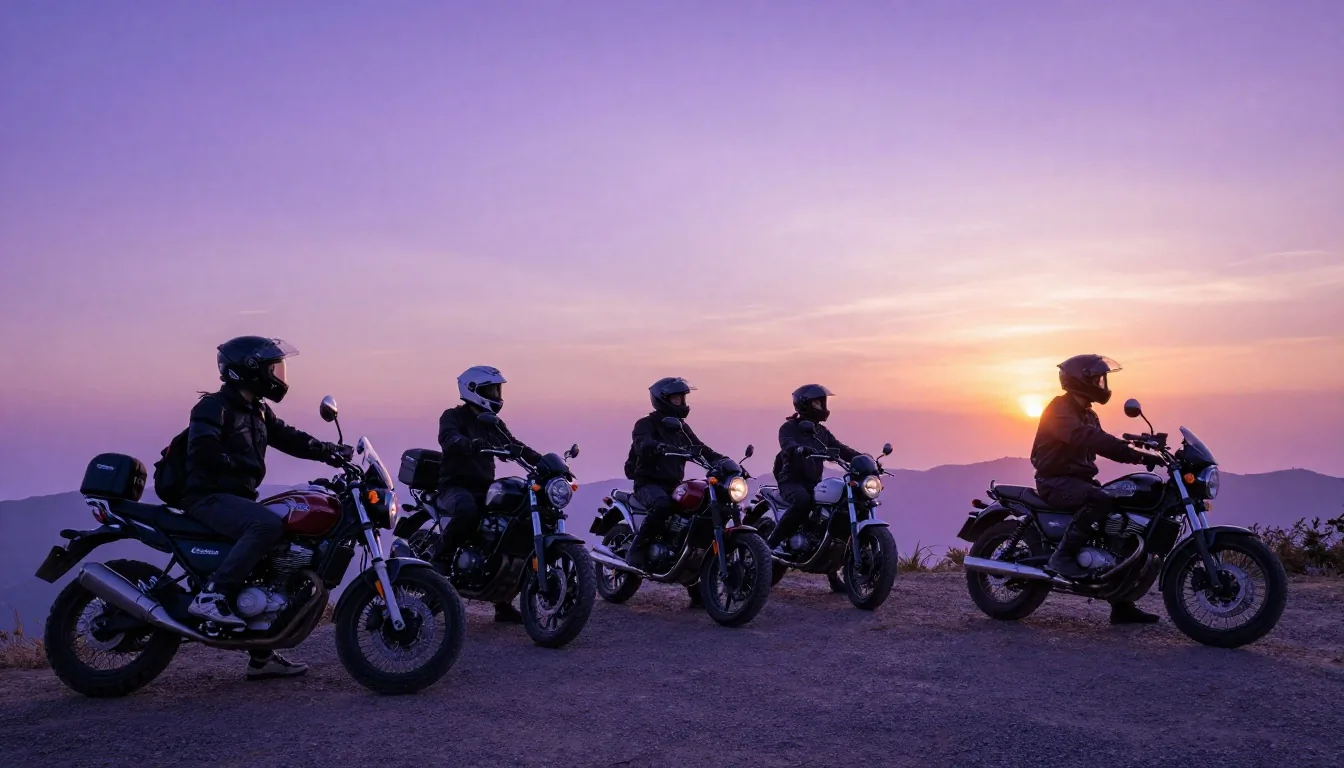 Groupe de motards au coucher de soleil