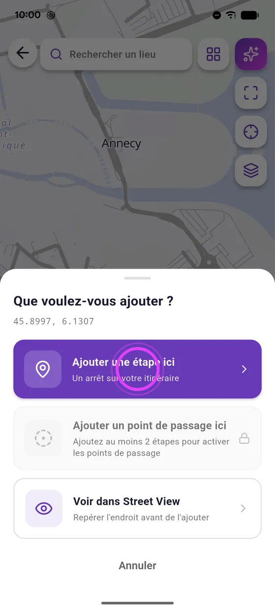 Appui long sur la carte