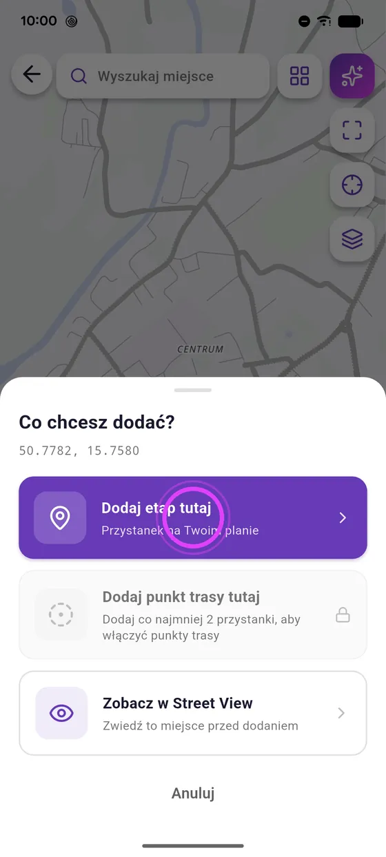 Długie przytrzymanie na mapie