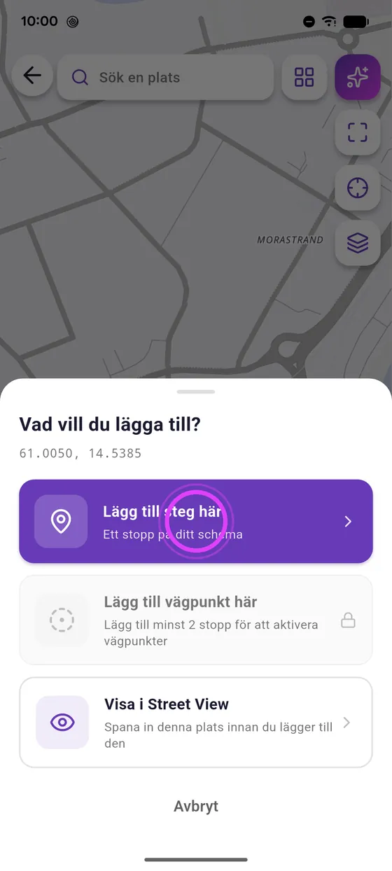 Långt tryck på kartan
