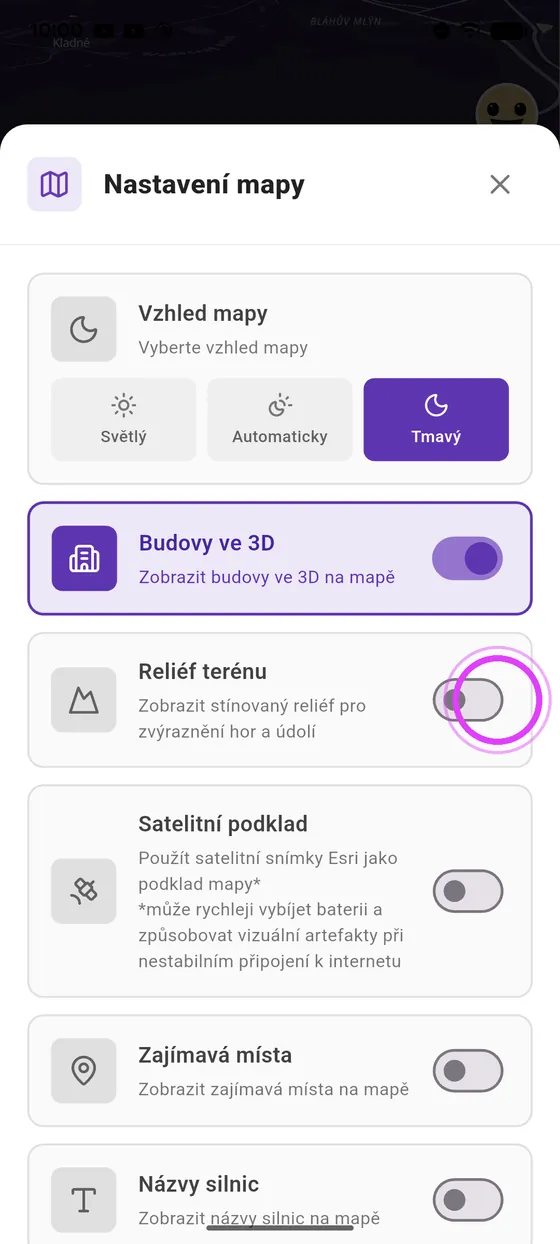 Budovy ve 3D a reliéf