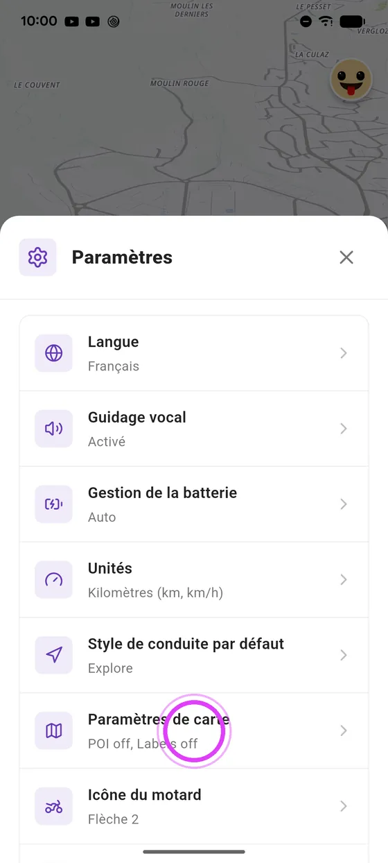 Ouvre les paramètres de carte
