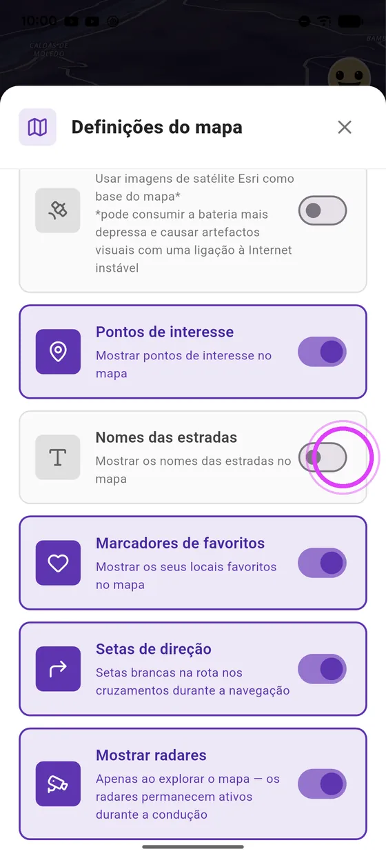Pontos de interesse e nomes das estradas