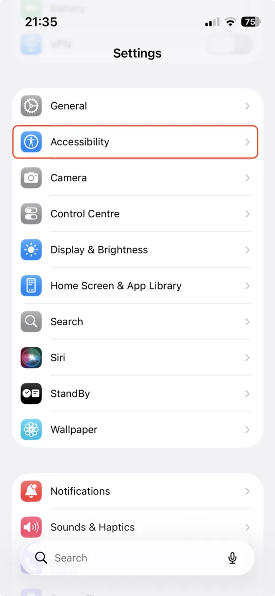 iPhone Settings, Accessibility menu