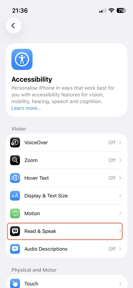 Accessibility, Read & Speak menu