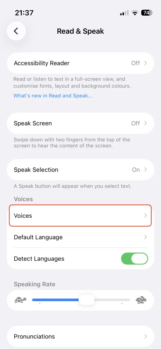 Read & Speak, Voices menu