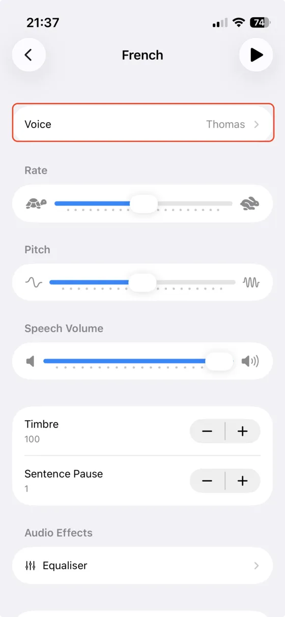 Voices available for the selected language