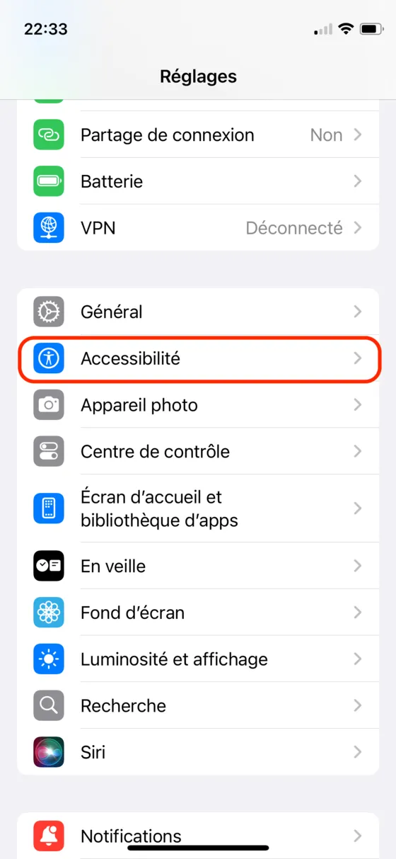 Réglages de l'iPhone, menu Accessibilité