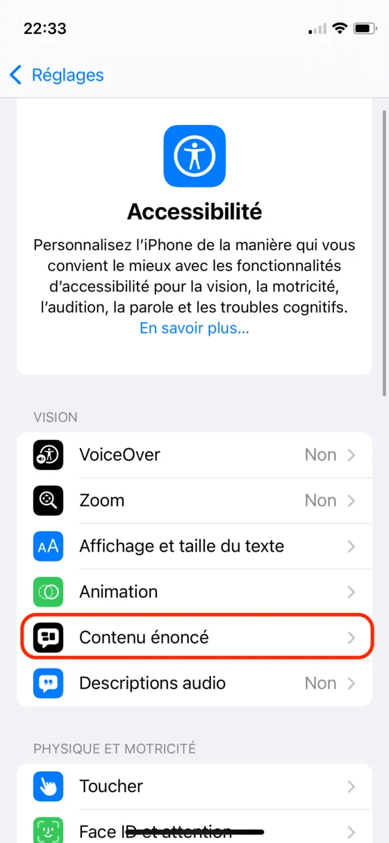 Accessibilité, menu Contenu énoncé