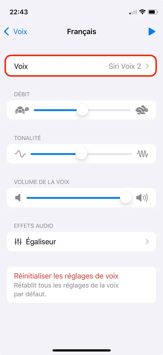 Voix disponibles pour la langue choisie