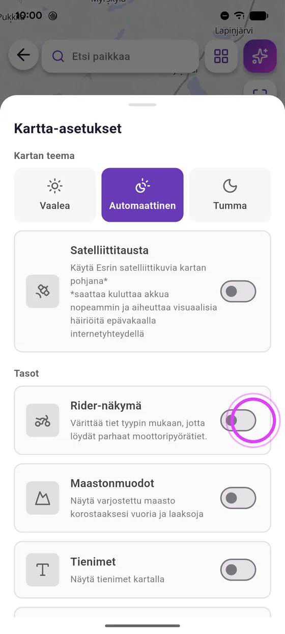 Rider-näkymä päälle