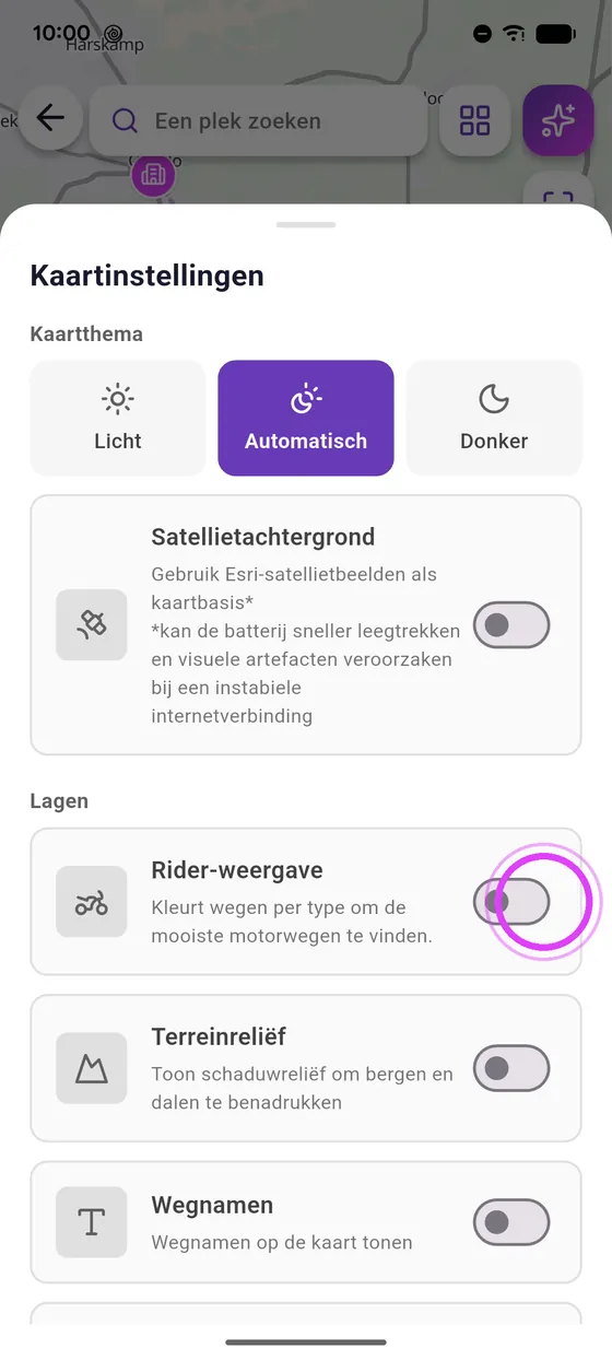Rider-weergave aan